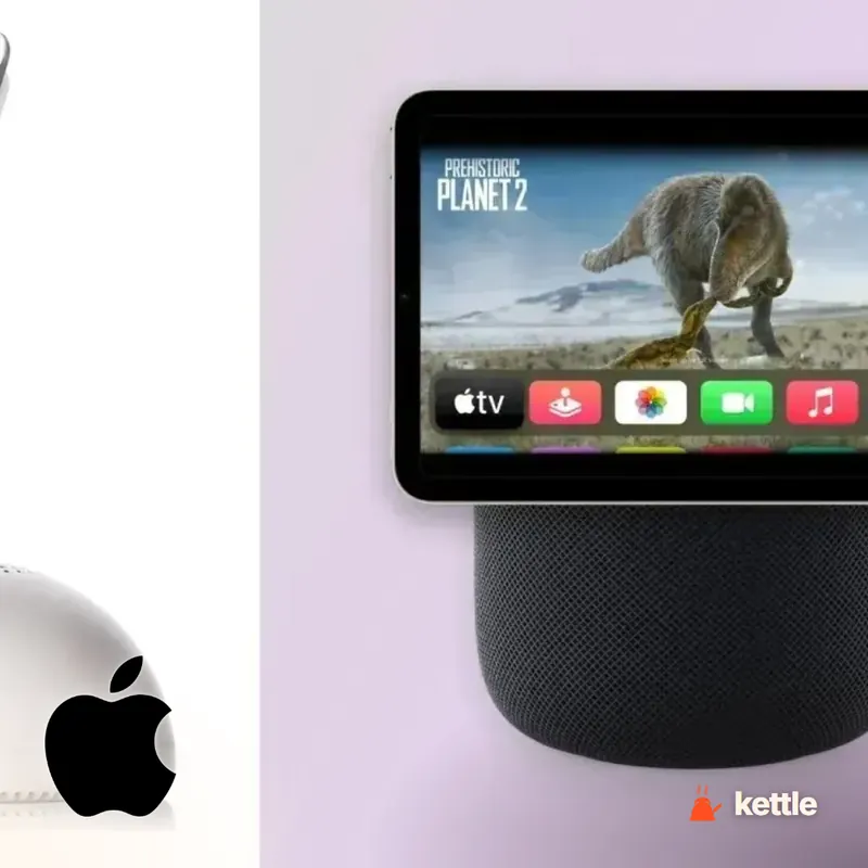 An iPad-like tablet docked on a HomePod speaker showing the Apple TV app interface, with the black Apple logo overlaid on the left white panel