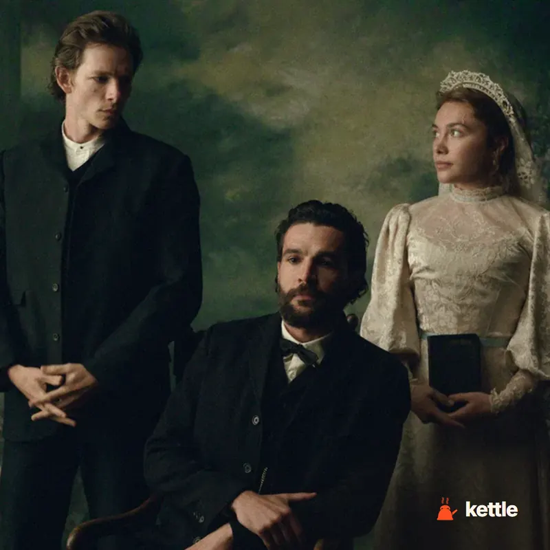 A promotional cast portrait from 'East of Eden' showing three period-costumed characters, including a woman resembling Florence Pugh in a wedding dress