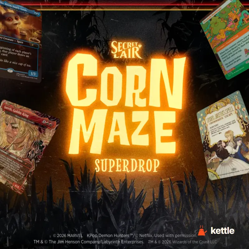 Magic: The Gathering 'Secret Lair' Corn Maze Superdrop promo art with Magic cards and the Secret Lair logo