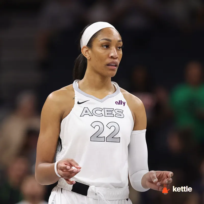 A'ja Wilson, in a Las Vegas Aces #22 jersey, on the basketball court